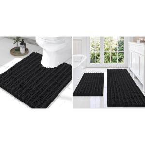imageSmiry Bathroom Rugs Set 3 Piece Extra Soft Absorbent Non Slip Rubber Backing Machine Washable Quick Dry Chenille Bath Rug Set for Tub Shower and Floor 47quot x 20quot24quot x 16quot UShaped 24quot x 20quot Black