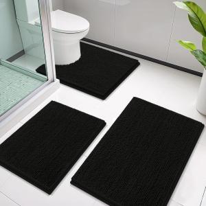 imageSmiry Bathroom Rugs Sets 3 Piece Soft Absorbent Chenille Bath Mat and UShaped Contour Toilet Rug Machine Wash Dry Bath Mat Sets for Bathroom Tub and Floor 30quotx20quot24quotx16quot24quotx20quot BlackBlack