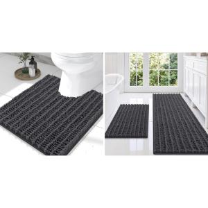 imageSmiry Bathroom Rugs Set 3 Piece Soft Absorbent Non Slip Rubber Backing Machine Washable Quick Dry Chenille Bath Rug Set for Tub Shower and Floor 47quot x 20quot30quot x 20quot UShaped 24quot x 20quot Dark Grey