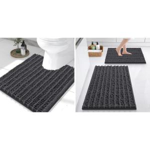 imageSmiry Bathroom Rugs Set 3 Piece Soft Absorbent Non Slip Rubber Backing Machine Washable Quick Dry Chenille Bath Rug Set for Tub Shower and Floor 30quot x 20quot24quot x 16quot UShaped 24quot x 20quot Dark Gray