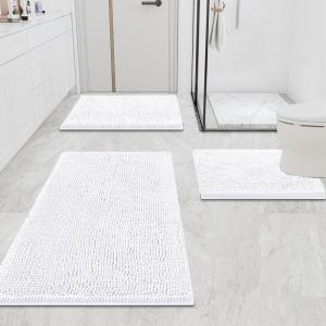 image:imageSmiry Chenille Bathroom Rugs and Mats Set of 3 Non Slip Absorbent Shaggy Bath Rug for Tub Shower and Bath Room 36x 2424x 16UShaped 24 x20 White