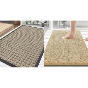 image:imageSmiry Front Door Mat Outside Entrance Beige 295 x 17 and Luxury Chenille Bathroom Rugs Beige 30 x 20 2 Item Bundle