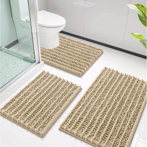 image:imageSmiry Bathroom Rugs Sets 3 Piece Soft Absorbent Non Slip Rubber Backing Machine Washable Quick Dry Chenille Bath Rug Set for Tub Shower and Floor 30x2024x1624x20 CamelBeige