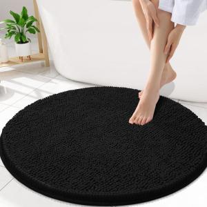 image:imageSmiry Luxury Chenille Round 30x30 Extra Soft and Absorbent Shaggy Bathroom Mat Rugs Machine Washable NonSlip Plush Carpet for Tub Shower and Bath Room Black