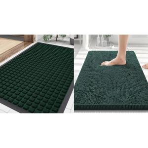 image:imageSmiry Front Door Mat Outside Entrance Black Green 295 x 17 and Luxury Chenille Bathroom Rugs Green 30 x 20 2 Item Bundle