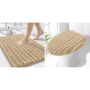 image:imageSmiry Bathroom Rugs 24x16 and Toilet Lid Cover 175x15 Soft and Absorbent Bath Mat Machine Washable NonSlip Plush Carpet Runner for Tub Shower and Floor Home DecorBeige