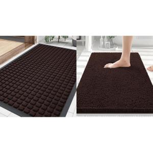 image:imageSmiry Front Door Mat Outside Entrance Brown 295 x 17 and Luxury Chenille Bathroom Rugs Brown 30 x 20 2 Item Bundle