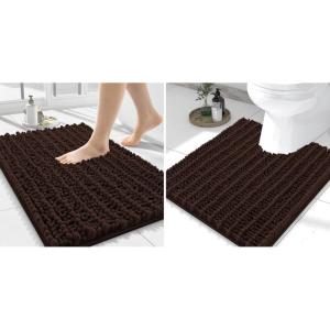 image:imageSmiry Bathroom Rugs Mat Set 2 Piece 24X16UShaped 24x20 Extra Soft Absorbent Non Slip Rubber Backing Machine Washable Quick Dry Chenille Bath Rug Set for Tub Shower and FloorBrown