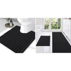image:imageSmiry Bathroom Rugs Set 3 Piece Extra Soft Absorbent Non Slip Rubber Backing Machine Washable Quick Dry Chenille Bath Rug Set for Tub Shower and Floor 47 x 2030 x 20 UShaped 24 x 20 Black