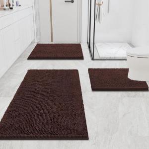 image:imageSmiry Chenille Bathroom Rugs and Mats Set of 3 Non Slip Absorbent Shaggy Bath Rug for Tub Shower and Bath Room 36x 2424x 16UShaped 24 x20 Brown