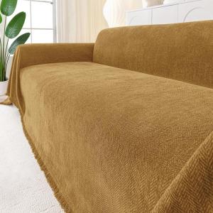 image:imageSmiry Couch Cover for Dogs Washable Chenille Sofa Covers for 3 Cushion Couch Soft Sofa Slipcover for Pets Thick Sectional Furniture Protector Throw Blanket with Tassels Beige 71x118 InchYellow