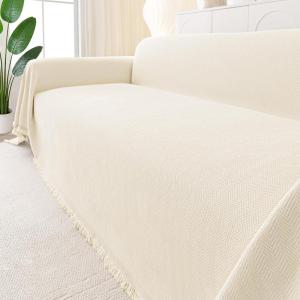 image:imageSmiry Couch Cover for Dogs Washable Chenille Sofa Covers for 3 Cushion Couch Soft Sofa Slipcover for Pets Thick Sectional Furniture Protector Throw Blanket with Tassels Beige 71x118 InchBeige
