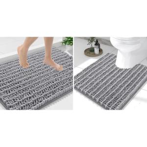 image:imageSmiry Bathroom Rugs Mat Set 2 Piece 36X24UShaped 24x20 Extra Soft Absorbent Non Slip Rubber Backing Machine Washable Quick Dry Chenille Bath Rug Set for Tub Shower and FloorGrey