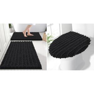 image:imageSmiry Bathroom Rugs Set 2 Piece30x20 Plus 24x16 and Toilet Lid Cover 175x15 Soft and Absorbent Bath Mat Machine Washable NonSlip Plush Carpet Runner for Tub Shower and Floor Home DecorBlack