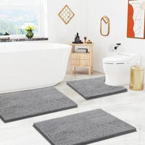 image:imageSmiry Chenille Bath Rug and Mats Set of 3 Non Slip Absorbent Shaggy Bath Rug for Tub Shower and Bath Room 30x 2036x 24UShaped 24 x20 Grey