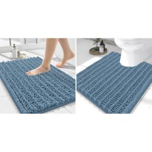 image:imageSmiry Bathroom Rugs Mat Set 2 Piece 24X16UShaped 24x20 Extra Soft Absorbent Non Slip Rubber Backing Machine Washable Quick Dry Chenille Bath Rug Set for Tub Shower and FloorGrayish Blue
