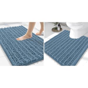 image:imageSmiry Bathroom Rugs Mat Set 2 Piece 30X20UShaped 24x20 Extra Soft Absorbent Non Slip Rubber Backing Machine Washable Quick Dry Chenille Bath Rug Set for Tub Shower and FloorGrayish Blue